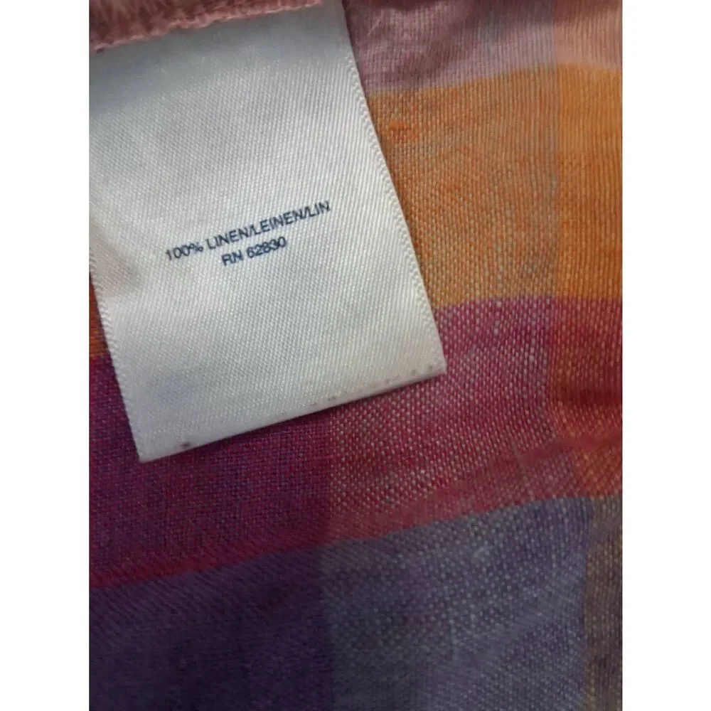 Lands end womens 1xl tab sleeve 100% linen shirt blouse plaid pink yellow - Picture 7 of 10